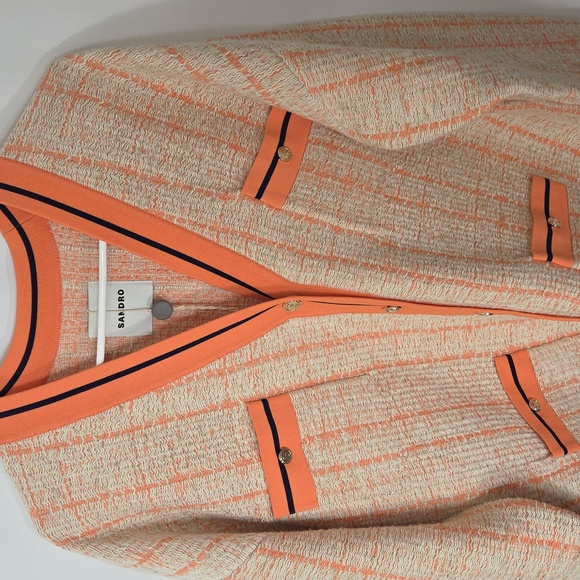 Sandro Ecru/orange Tweed Cardigan Size 10 - Picture 7 of 13